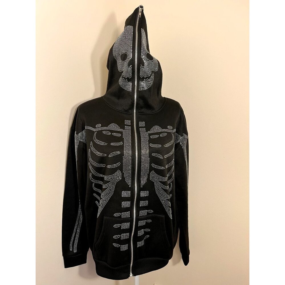 Black Skeleton Full-Zip Hoodie W/ Rhinestone Details & Skeleton Hood Sz Adult M